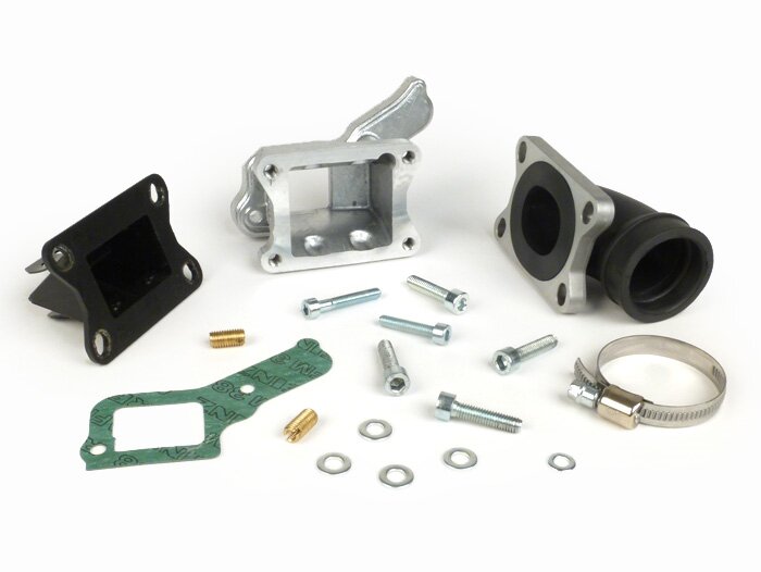 Pipe d’admission - pour clapet -MALOSSI clapet X360- Vespa PX80, PX125, PX150, T5, Cosa 125-200 - Ø connexion=34mm (carburateurs Ø28-30mm - PHBH, VHSH, PWK28, TMX30, Smartcarb 26-28)