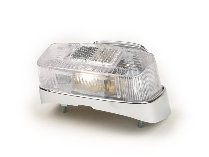 Feu arrière -BOSATTA Vespa ancienne- Vespa 125 VNB (VNB6T), GL (VLA1T), Sprint (VLB1T, -025478), SS180 (VSC1T, -0018000) - plastique, grand - chromé / blanc