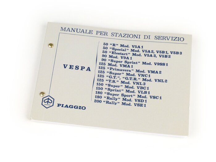 Werkplaatshandboek (Italiaans) -VESPA- Vespa 50 R, 50 Special, 50 Elestart, 90, 90 Super Sprint, 125 Nuova, 125 Primavera, 125 Super, 125 GT, 125 GTR, 125 TS, 150 Super, 150 Sprint, 180 Super Sport, 180 Rally, 200 Rally