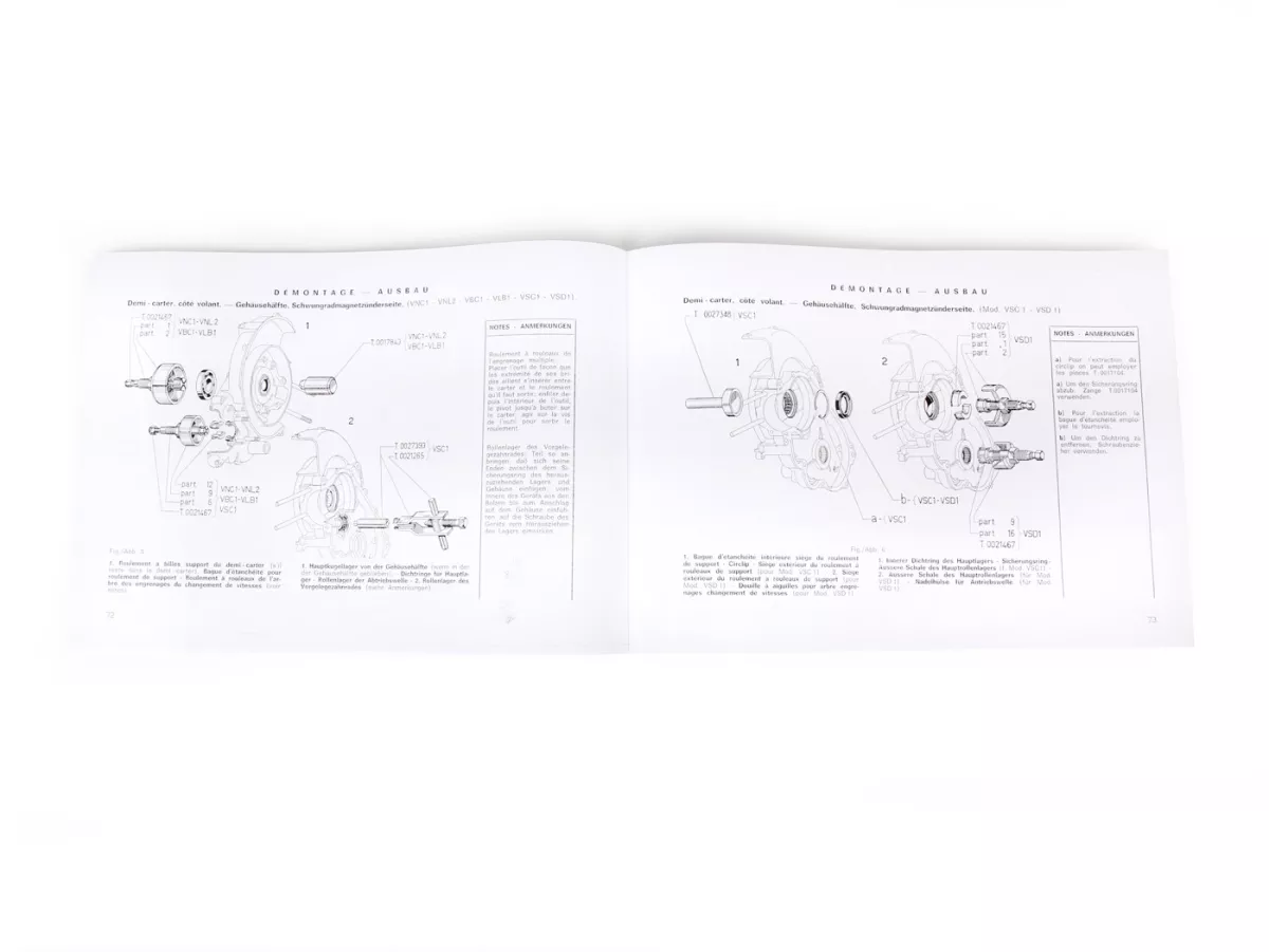 Werkplaatshandboek (Duits/Frans) -VESPA- Vespa 50 R, 50 Special, 50 Elestart, 90, 90 Super Sprint, 125 Nuova, 125 Primavera, 125 Super, 125 GT, 125 GTR, 125 TS, 150 Super, 150 Sprint, 180 Super Sport, 180 Rally, 200 Rally