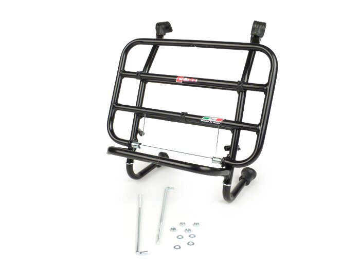 Front rack, fold down -FACO medium distance from the legshield- Vespa Smallframe V50, PV125, ET3,  Vespa Largeframe Rally180, Vespa Rally200, Sprint150, TS125, GT125, GTR125, Vespa PX80, PX125, PX150, PX200 - black