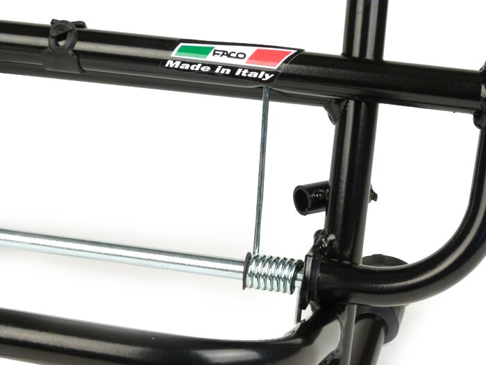 Front rack, fold down -FACO medium distance from the legshield- Vespa Smallframe V50, PV125, ET3,  Vespa Largeframe Rally180, Vespa Rally200, Sprint150, TS125, GT125, GTR125, Vespa PX80, PX125, PX150, PX200 - black