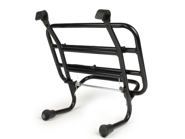 Front rack, fold down -FACO medium distance from the legshield- Vespa Smallframe V50, PV125, ET3,  Vespa Largeframe Rally180, Vespa Rally200, Sprint150, TS125, GT125, GTR125, Vespa PX80, PX125, PX150, PX200 - black