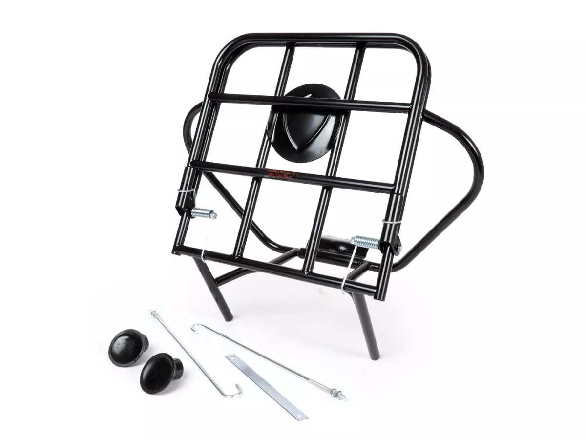 Portaequipajes trasero plegable + soporte rueda de repuesto -AMS CUPPINI- Vespa V50 9 pulgadas - 50 S(V5A1T, 1964), 50 L (V5A1T), 50 Special (V5A2T), 50N (V5A1T), V90 (V9A1T) - negro