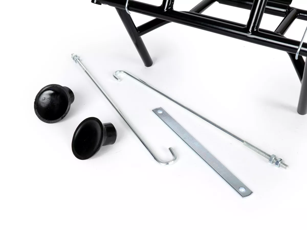 Portaequipajes trasero plegable + soporte rueda de repuesto -AMS CUPPINI- Vespa V50 9 pulgadas - 50 S(V5A1T, 1964), 50 L (V5A1T), 50 Special (V5A2T), 50N (V5A1T), V90 (V9A1T) - negro