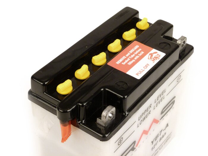 Batería -Standard RMS YB7-A- 12V 8Ah - 135x75x133mm (sin ácido) - Vespa Cosa125, Cosa200 (sin Elestart), PX80 E Lusso, PX125 E Lusso, PX150 E Lusso, PX200 E Lusso (todas sin Elestart), PK50 / PK80 / PK125 XL / XL2 Elestart, Piaggio SKR125, TPH125