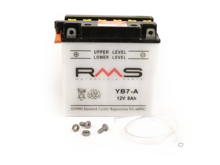 Batería -Standard RMS YB7-A- 12V 8Ah - 135x75x133mm (sin ácido) - Vespa Cosa125, Cosa200 (sin Elestart), PX80 E Lusso, PX125 E Lusso, PX150 E Lusso, PX200 E Lusso (todas sin Elestart), PK50 / PK80 / PK125 XL / XL2 Elestart, Piaggio SKR125, TPH125