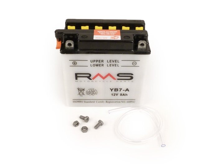 Batería -Standard RMS YB7-A- 12V 8Ah - 135x75x133mm (sin ácido) - Vespa Cosa125, Cosa200 (sin Elestart), PX80 E Lusso, PX125 E Lusso, PX150 E Lusso, PX200 E Lusso (todas sin Elestart), PK50 / PK80 / PK125 XL / XL2 Elestart, Piaggio SKR125, TPH125