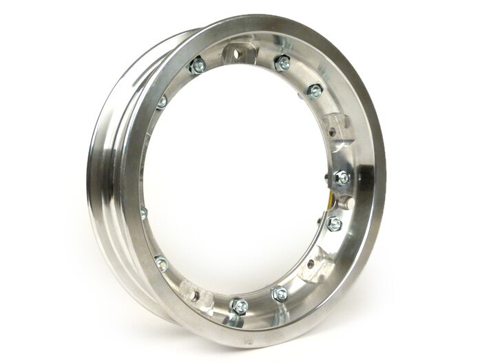 Hjul -PINASCO, V2.0, slanglös 2.10-10 tum aluminium, delad- Vespa (typ PX) - Vespa Smallframe V50, 50N, Special, PV, ET3, PK50-125 (S/XL/XL2), Largeframe PX, T5, Sprint, Rally, GT/GTR, LML Star, Deluxe - polerad aluminium