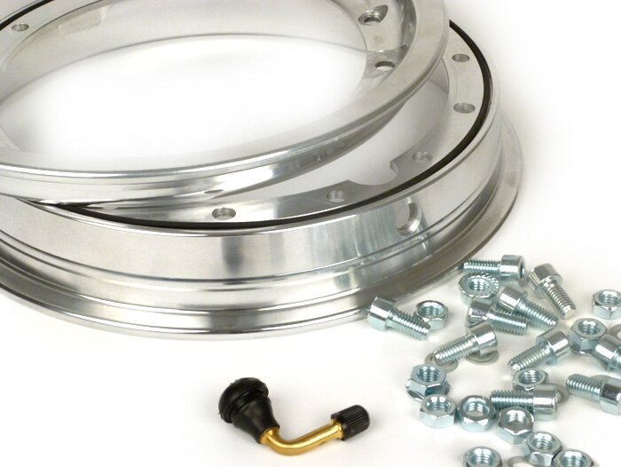 Hjul -PINASCO, V2.0, slanglös 2.10-10 tum aluminium, delad- Vespa (typ PX) - Vespa Smallframe V50, 50N, Special, PV, ET3, PK50-125 (S/XL/XL2), Largeframe PX, T5, Sprint, Rally, GT/GTR, LML Star, Deluxe - polerad aluminium