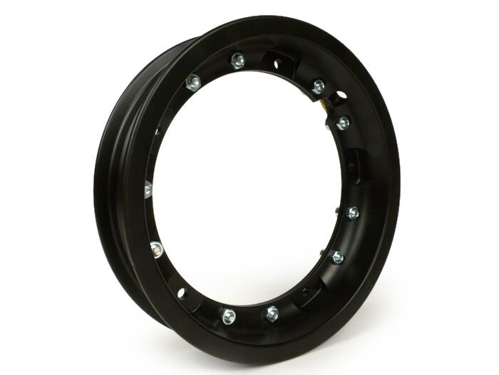 Roda -PINASCO, V2.0, tubeless 2.10-10 inci aluminium, split- Vespa (tipe PX) - Vespa Smallframe V50, 50N, Special, PV, ET3, PK50-125 (S/XL/XL2), Largeframe PX, T5, Sprint, Rally, GT/GTR, LML Star, Deluxe - hitam