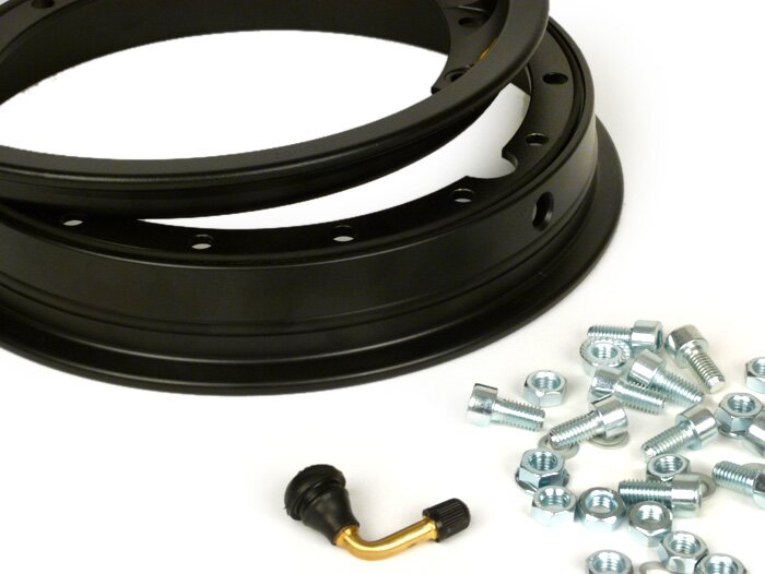 Roda -PINASCO, V2.0, tubeless 2.10-10 inci aluminium, split- Vespa (tipe PX) - Vespa Smallframe V50, 50N, Special, PV, ET3, PK50-125 (S/XL/XL2), Largeframe PX, T5, Sprint, Rally, GT/GTR, LML Star, Deluxe - hitam