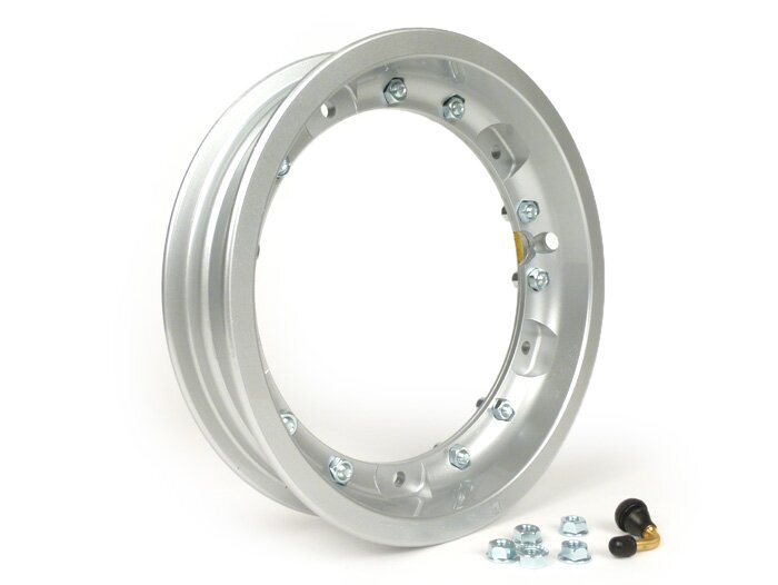 Jante -PINASCO, V2.0, sans chambre à air 2.10-10 pouces, aluminium, en deux parties- Vespa (type PX) - Vespa Smallframe V50, 50N, Special, PV, ET3, PK50-125 (S/XL/XL2), Largeframe PX, T5, Sprint, Rally, GT/GTR, LML Star, Deluxe - argenté