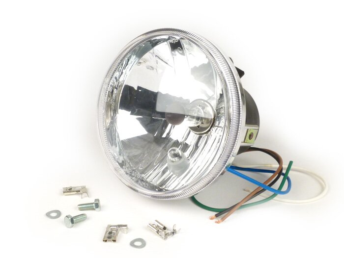 Faro delantero -CALIDAD OEM cristal transparente- Ø=120mm - 12V 35/35W HS1 (H4) - con marcado E9 - para conversión de p.ej. Lambretta LI/TV (series 1-3), Jet, Vespa SS50, SS90, PV125, ET3, Super, VNB, VBA, VBB, GS150 / GS3, GS160 / GS4 (VSB1T), VGLA, VGLB