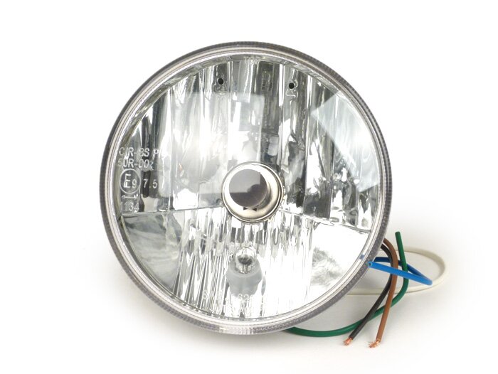 Faro delantero -CALIDAD OEM cristal transparente- Ø=120mm - 12V 35/35W HS1 (H4) - con marcado E9 - para conversión de p.ej. Lambretta LI/TV (series 1-3), Jet, Vespa SS50, SS90, PV125, ET3, Super, VNB, VBA, VBB, GS150 / GS3, GS160 / GS4 (VSB1T), VGLA, VGLB
