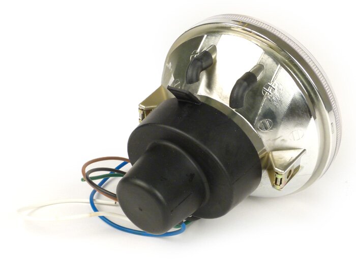 Faro delantero -CALIDAD OEM cristal transparente- Ø=120mm - 12V 35/35W HS1 (H4) - con marcado E9 - para conversión de p.ej. Lambretta LI/TV (series 1-3), Jet, Vespa SS50, SS90, PV125, ET3, Super, VNB, VBA, VBB, GS150 / GS3, GS160 / GS4 (VSB1T), VGLA, VGLB