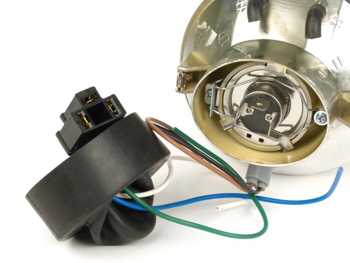 Faro delantero -CALIDAD OEM cristal transparente- Ø=120mm - 12V 35/35W HS1 (H4) - con marcado E9 - para conversión de p.ej. Lambretta LI/TV (series 1-3), Jet, Vespa SS50, SS90, PV125, ET3, Super, VNB, VBA, VBB, GS150 / GS3, GS160 / GS4 (VSB1T), VGLA, VGLB