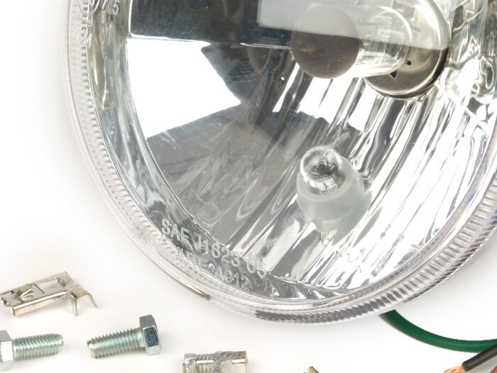 Faro delantero -CALIDAD OEM cristal transparente- Ø=120mm - 12V 35/35W HS1 (H4) - con marcado E9 - para conversión de p.ej. Lambretta LI/TV (series 1-3), Jet, Vespa SS50, SS90, PV125, ET3, Super, VNB, VBA, VBB, GS150 / GS3, GS160 / GS4 (VSB1T), VGLA, VGLB