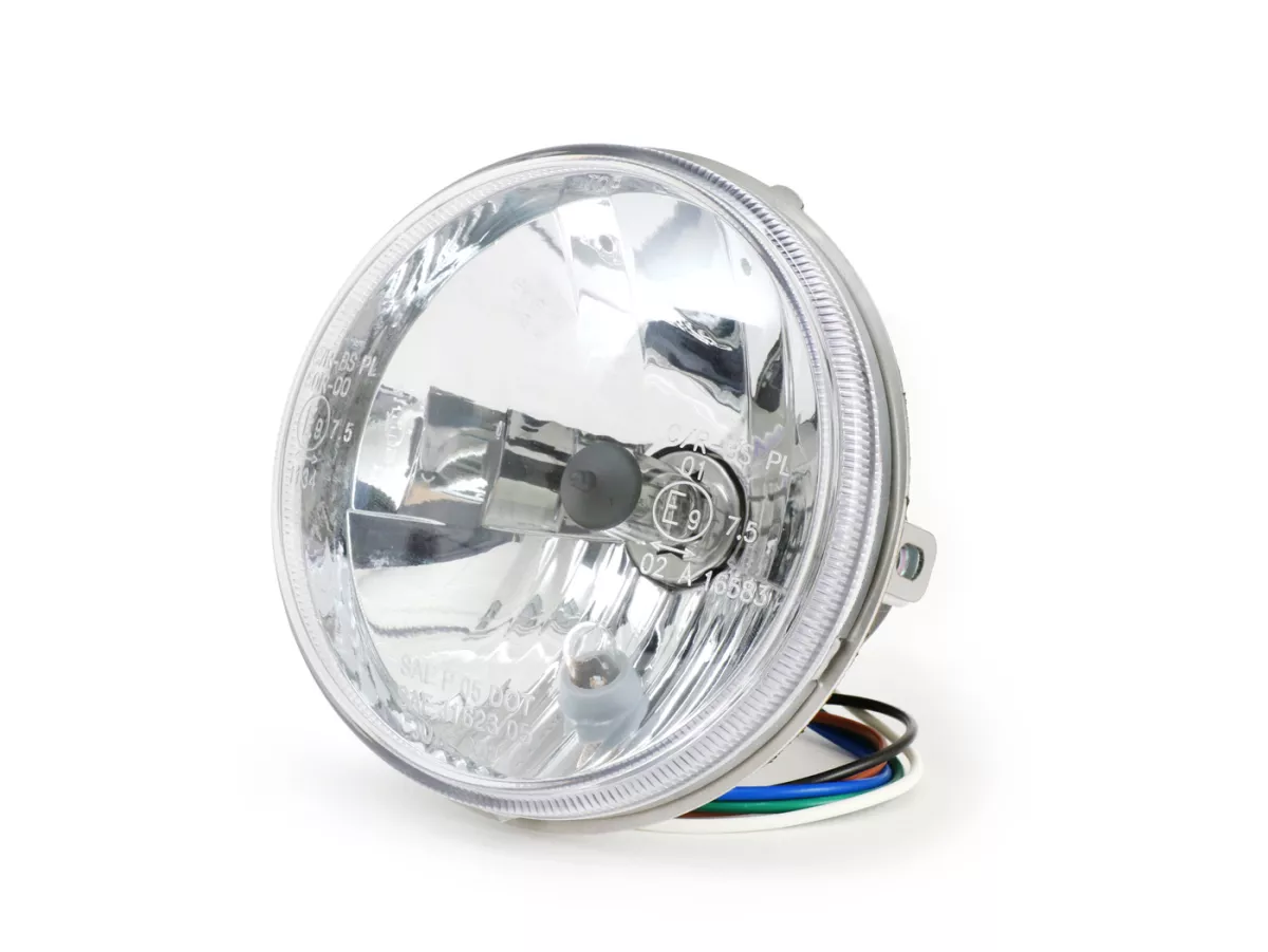 Optique de phare -UNIVERSEL cabochon pas strié- Ø=120mm - 12V 35/35W HS1 (H4) - Vespa PV125 (VMA1T, VMA2T), ET3 (VMB1T), Super (VNC1T, VBC1T), SS50 (V5SS1T), SS90 (V9SS1T)