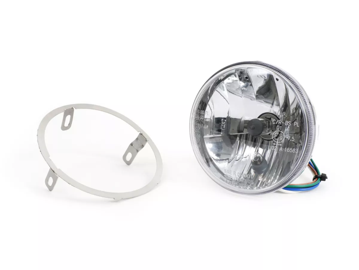 Optique de phare -UNIVERSEL cabochon pas strié- Ø=120mm - 12V 35/35W HS1 (H4) - Vespa PV125 (VMA1T, VMA2T), ET3 (VMB1T), Super (VNC1T, VBC1T), SS50 (V5SS1T), SS90 (V9SS1T)