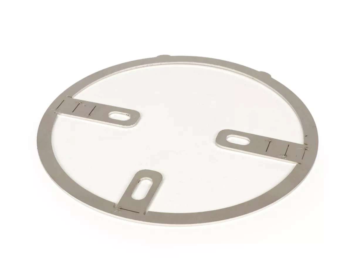 Marco de montaje para faros -UNIVERSAL cristal transparente- Ø=120mm - 12V 35/35W HS1 (H4) - con etiquetado E9 - para montaje en cabezal de dirección Vespa PV125 (VMA1T, VMA2T), ET3 (VMB1T), Super (VNC1T, VBC1T)