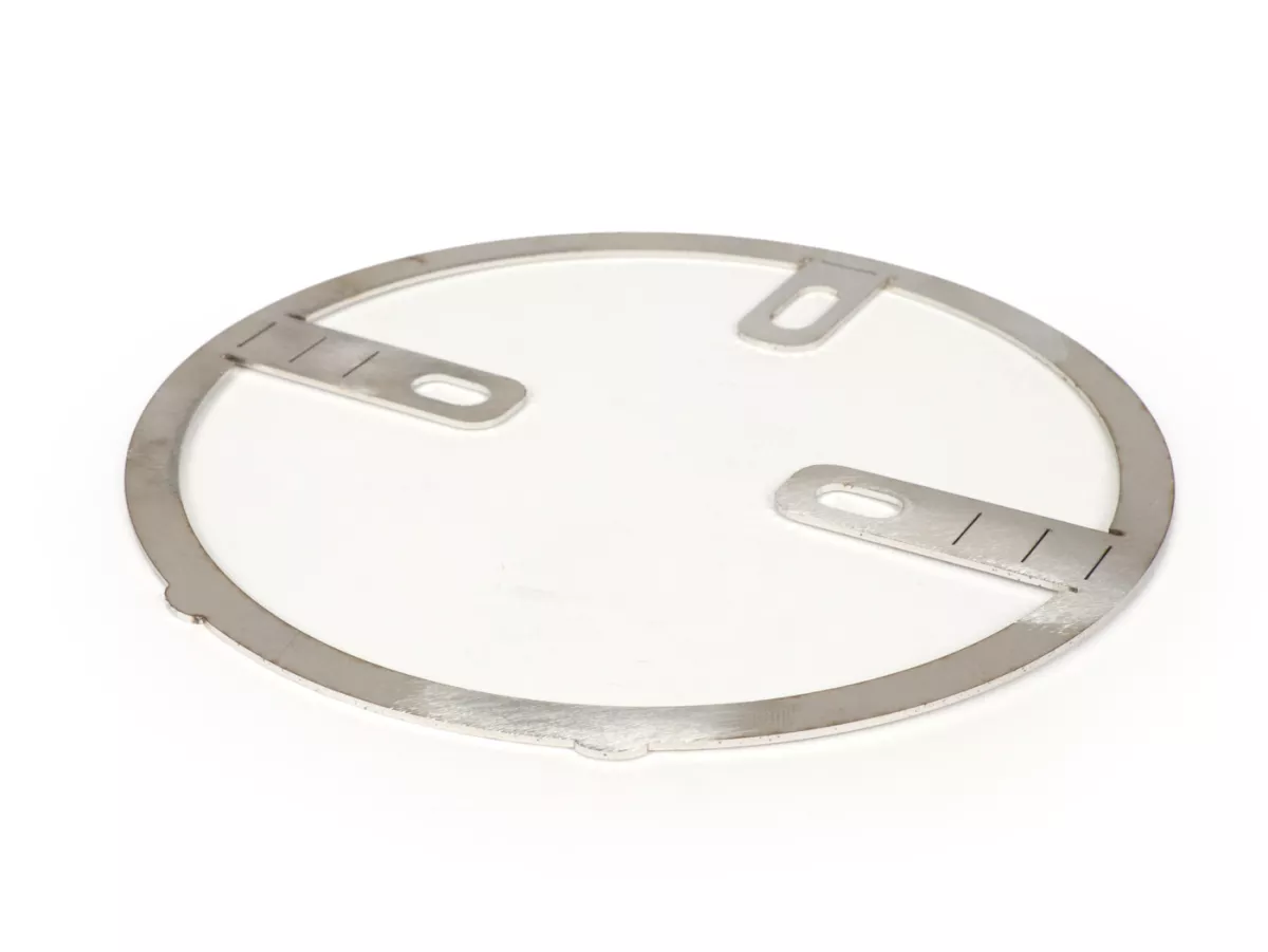 Marco de montaje para faros -UNIVERSAL cristal transparente- Ø=120mm - 12V 35/35W HS1 (H4) - con etiquetado E9 - para montaje en cabezal de dirección Vespa PV125 (VMA1T, VMA2T), ET3 (VMB1T), Super (VNC1T, VBC1T)
