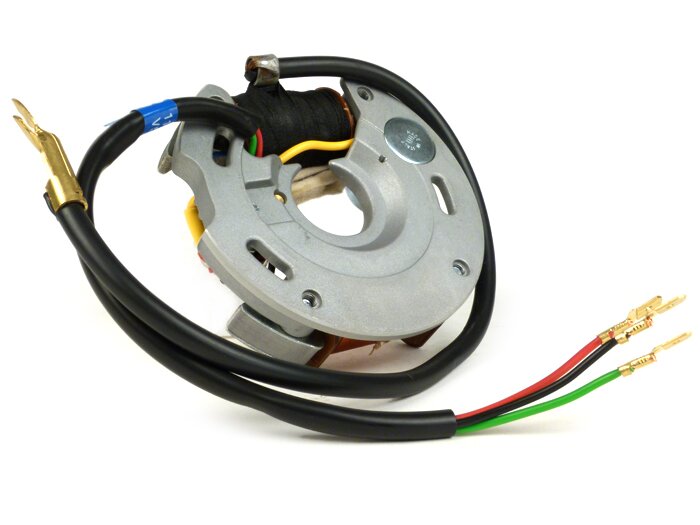 Ignition -VESPA base plate (contact ignition, 3 cables, 6V, 2 coils, short contacts)- Vespa V50 - 50 N, 50 L, 50 R, 50 Special (V5A2T, V5B1T) - internal ignition coil
