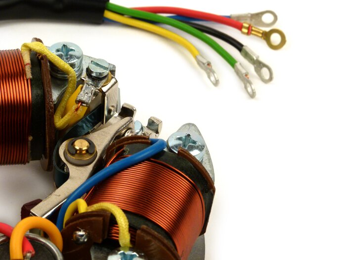 Ignition -VESPA stator (point set ignition, 5 cables, 6V, 3 coils, long point set, w/o indicators)- Vespa V90 (V9A1T), 90 Racer (V9SS2T), SS90 (V9SS1T), V100 (UK/US, V9B1T), V125 (VMA1T), PV 125 (VMA2T)