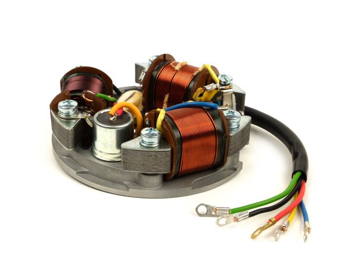 Ignition -VESPA stator (point set ignition, 5 cables, 6V, 3 coils, long point set, w/o indicators)- Vespa V90 (V9A1T), 90 Racer (V9SS2T), SS90 (V9SS1T), V100 (UK/US, V9B1T), V125 (VMA1T), PV 125 (VMA2T)