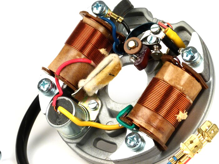 Encendido -placa base Vespa (encendido por contacto, 5 cables, 6V, 2 bobinas, contactos cortos)- Vespa V50 - 50 S, 50 SS, 50 SR - bobina de encendido externa, con función de luz de freno/luz de carretera