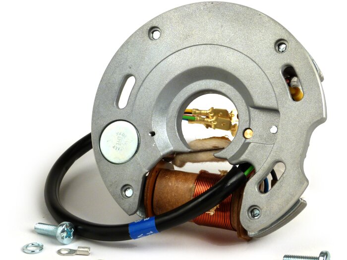 Encendido -placa base Vespa (encendido por contacto, 5 cables, 6V, 2 bobinas, contactos cortos)- Vespa V50 - 50 S, 50 SS, 50 SR - bobina de encendido externa, con función de luz de freno/luz de carretera