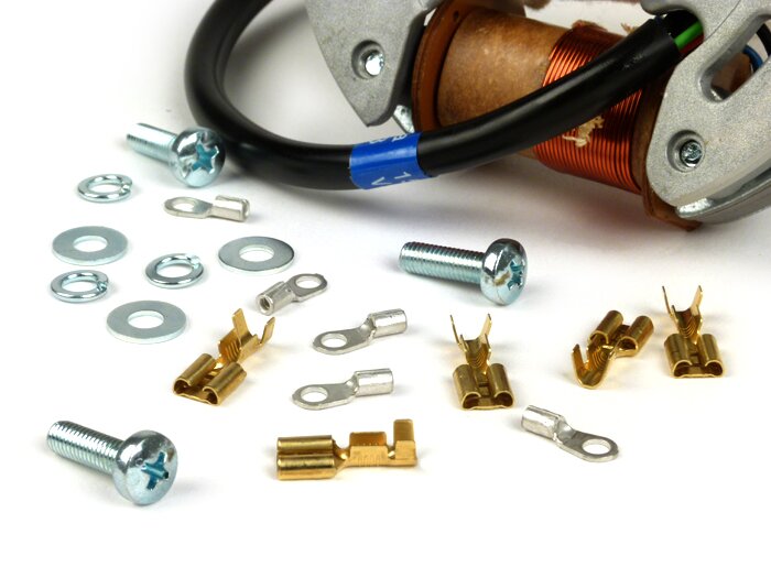 Encendido -placa base Vespa (encendido por contacto, 5 cables, 6V, 2 bobinas, contactos cortos)- Vespa V50 - 50 S, 50 SS, 50 SR - bobina de encendido externa, con función de luz de freno/luz de carretera