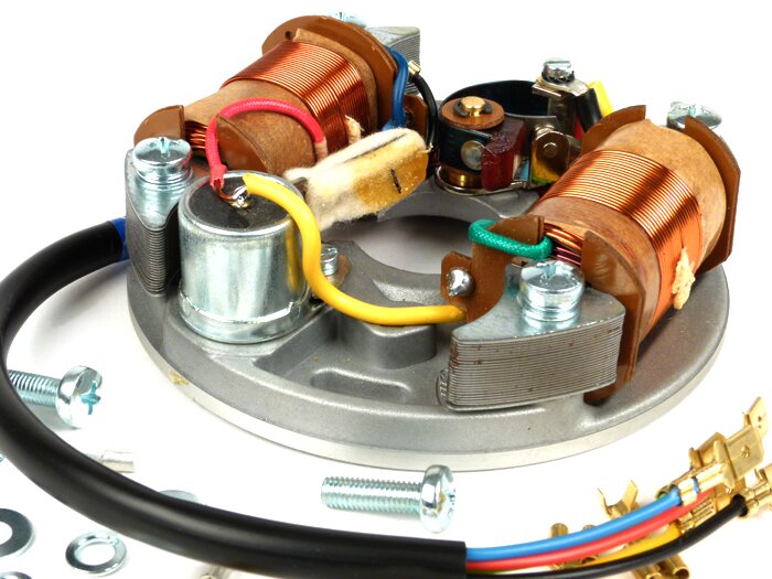 Encendido -placa base Vespa (encendido por contacto, 5 cables, 6V, 2 bobinas, contactos cortos)- Vespa V50 - 50 S, 50 SS, 50 SR - bobina de encendido externa, con función de luz de freno/luz de carretera