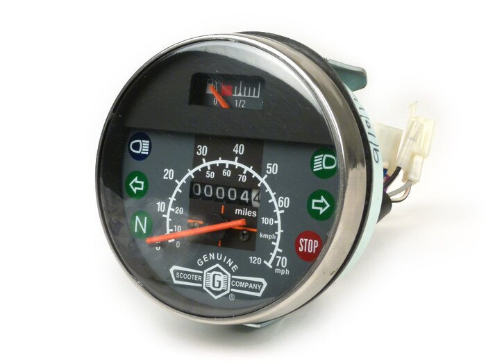 Snelheidsmeter -LML, versie 2007, met neutraal display- Vespa Ø=105mm -Star/Stella 2T/4T- 70mph / 120km/h