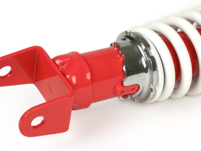 Achterschokdemper -VESPA, 330mm- Vespa PX80, PX125, PX150, PX200, T5 125cc, Rally180 (VSD1T), Rally200 (VSE1T), Sprint150 (VLB1T), TS125 (VNL3T), GT125 (VNL2T), GTR125 (VNL2T), V50, PV, ET3 - Rood / Wit