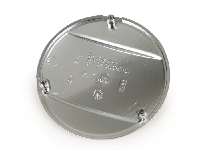 Transmission cover cap -PIAGGIO- with Vespa lettering - Piaggio Leader/Quasar engine - Vespa ET4, LX/LXV125-150, S125-150, GT/GTS/GTV/GTL 125-300 cc - matt chrome