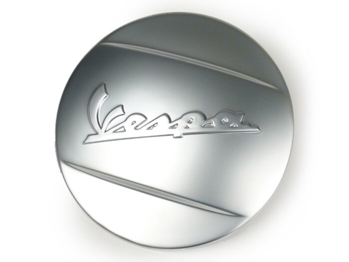 Transmission cover cap -PIAGGIO- with Vespa lettering - Piaggio Leader/Quasar engine - Vespa ET4, LX/LXV125-150, S125-150, GT/GTS/GTV/GTL 125-300 cc - matt chrome