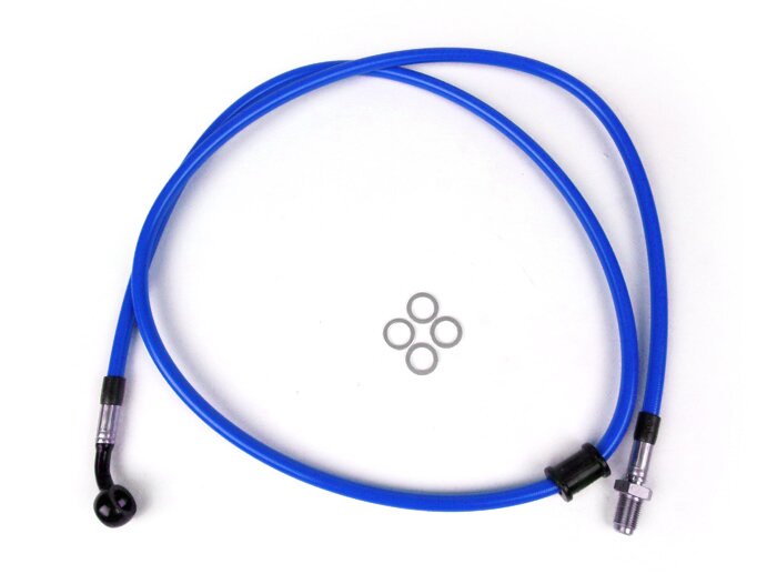 Saluran rem depan ke kaliper rem Brembo P4 30/34 -Garis spiegel: baja tahan karat (biru), fitting: aluminium (hitam) - Vespa (dengan ABS) GTS 125i.e. Super ABS (ZAPM45300, ZAPM45301), Vespa GTS 300 ABS (ZAPM45200, ZAPM45202), Vespa GTS 300i.e. Super ABS (