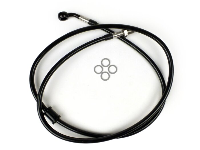 Brake hose, front, to brake caliper Brembo P4 30/34 -SPIEGLER hose: stainless steel (black), fitting: aluminium (black)- Vespa (with ABS) GTS 125i.e. Super ABS (ZAPM45300, ZAPM45301), Vespa GTS 300 ABS (ZAPM45200, ZAPM45202), Vespa GTS 300i.e. Super ABS (