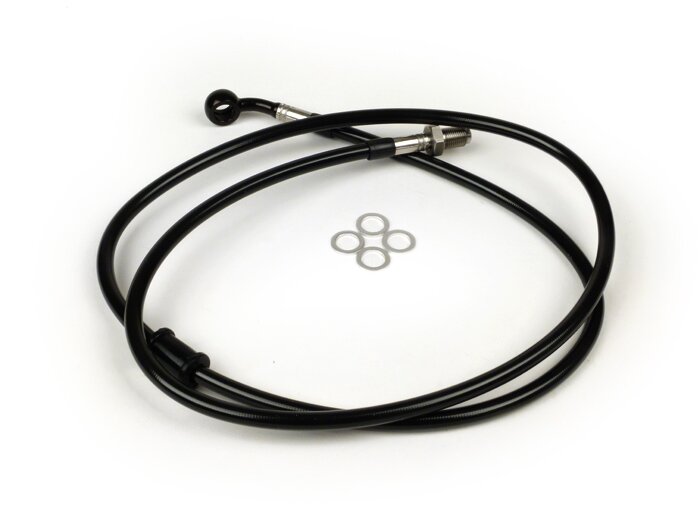 Brake hose, front, to brake caliper Brembo P4 30/34 -SPIEGLER hose: stainless steel (black), fitting: aluminium (black)- Vespa (with ABS) GTS 125i.e. Super ABS (ZAPM45300, ZAPM45301), Vespa GTS 300 ABS (ZAPM45200, ZAPM45202), Vespa GTS 300i.e. Super ABS (