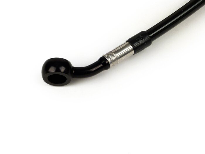 Brake hose, front, to brake caliper Brembo P4 30/34 -SPIEGLER hose: stainless steel (black), fitting: aluminium (black)- Vespa (with ABS) GTS 125i.e. Super ABS (ZAPM45300, ZAPM45301), Vespa GTS 300 ABS (ZAPM45200, ZAPM45202), Vespa GTS 300i.e. Super ABS (