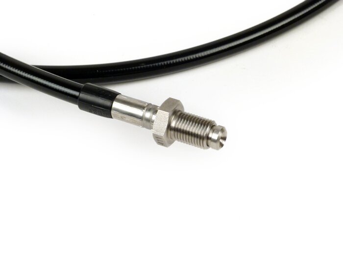 Brake hose, front, to brake caliper Brembo P4 30/34 -SPIEGLER hose: stainless steel (black), fitting: aluminium (black)- Vespa (with ABS) GTS 125i.e. Super ABS (ZAPM45300, ZAPM45301), Vespa GTS 300 ABS (ZAPM45200, ZAPM45202), Vespa GTS 300i.e. Super ABS (