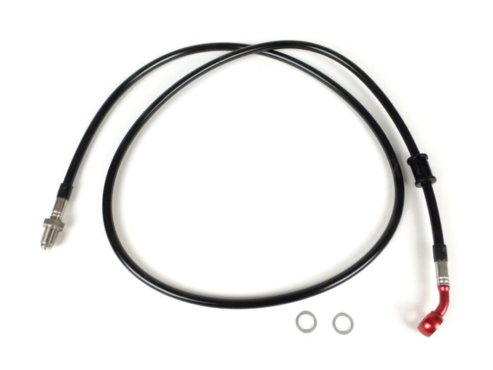 Frambromsledning till Brembo P4 30/34 bromsok -SPIEGLER ledning: rostfritt stål (svart), montering: aluminium (röd)- Vespa (med ABS) GTS 125i.e. Super ABS (ZAPM45300, ZAPM45301), Vespa GTS 300 ABS (ZAPM45200, ZAPM45202), Vespa GTS 300i.e. Super ABS (ZAPM4
