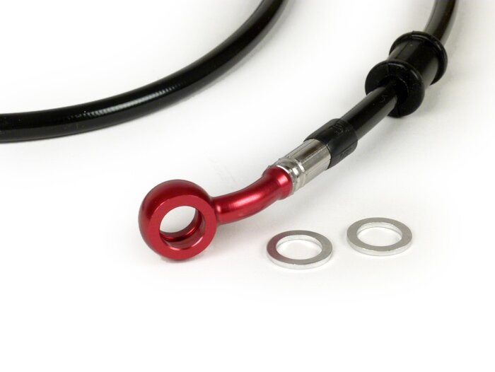 Frambromsledning till Brembo P4 30/34 bromsok -SPIEGLER ledning: rostfritt stål (svart), montering: aluminium (röd)- Vespa (med ABS) GTS 125i.e. Super ABS (ZAPM45300, ZAPM45301), Vespa GTS 300 ABS (ZAPM45200, ZAPM45202), Vespa GTS 300i.e. Super ABS (ZAPM4