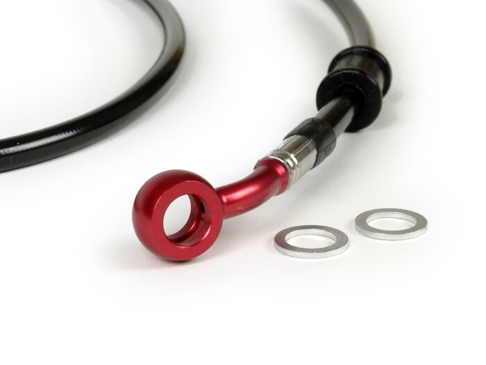 Frambromsledning till Brembo P4 30/34 bromsok -SPIEGLER ledning: rostfritt stål (svart), montering: aluminium (röd)- Vespa (med ABS) GTS 125i.e. Super ABS (ZAPM45300, ZAPM45301), Vespa GTS 300 ABS (ZAPM45200, ZAPM45202), Vespa GTS 300i.e. Super ABS (ZAPM4