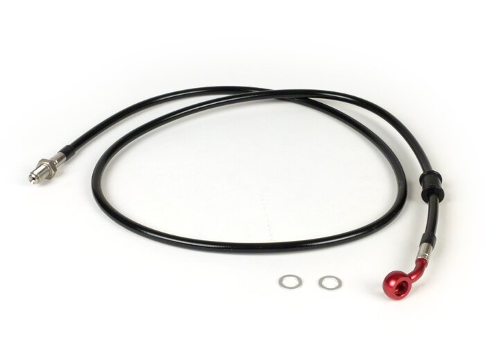 Frambromsledning till Brembo P4 30/34 bromsok -SPIEGLER ledning: rostfritt stål (svart), montering: aluminium (röd)- Vespa (med ABS) GTS 125i.e. Super ABS (ZAPM45300, ZAPM45301), Vespa GTS 300 ABS (ZAPM45200, ZAPM45202), Vespa GTS 300i.e. Super ABS (ZAPM4