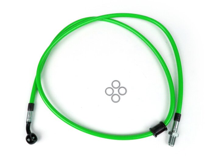 Frambromsledning till Brembo P4 30/34 bromsok -SPIEGLER ledning: rostfritt stål (grön), montering: aluminium (svart)- Vespa (med ABS) GTS 125i.e. Super ABS (ZAPM45300, ZAPM45301), Vespa GTS 300 ABS (ZAPM45200, ZAPM45202), Vespa GTS 300i.e. Super ABS (ZAPM