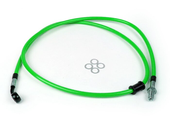 Frambromsledning till Brembo P4 30/34 bromsok -SPIEGLER ledning: rostfritt stål (grön), montering: aluminium (svart)- Vespa (med ABS) GTS 125i.e. Super ABS (ZAPM45300, ZAPM45301), Vespa GTS 300 ABS (ZAPM45200, ZAPM45202), Vespa GTS 300i.e. Super ABS (ZAPM