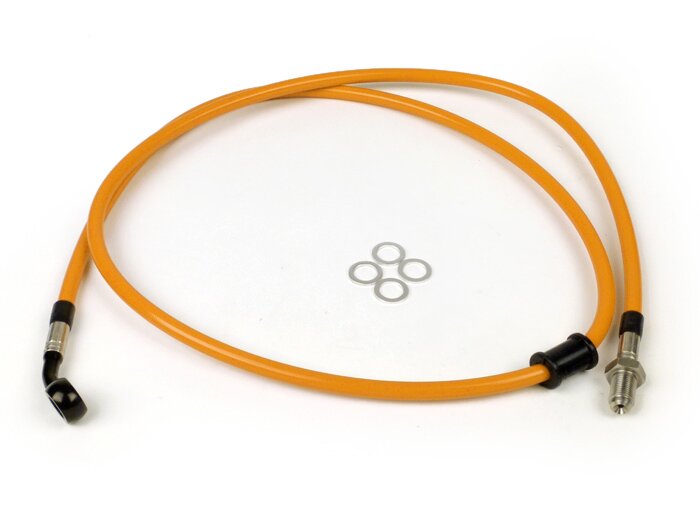 Brake hose, front, to brake caliper Brembo P4 30/34 -SPIEGLER hose: stainless steel (orange), fitting: aluminium (black)- Vespa (with ABS) GTS 125i.e. Super ABS (ZAPM45300, ZAPM45301), Vespa GTS 300 ABS (ZAPM45200, ZAPM45202), Vespa GTS 300i.e. Super ABS