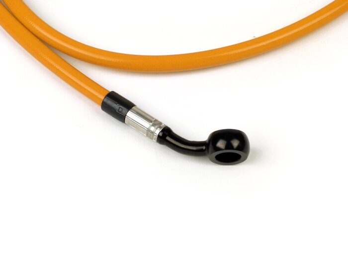 Brake hose, front, to brake caliper Brembo P4 30/34 -SPIEGLER hose: stainless steel (orange), fitting: aluminium (black)- Vespa (with ABS) GTS 125i.e. Super ABS (ZAPM45300, ZAPM45301), Vespa GTS 300 ABS (ZAPM45200, ZAPM45202), Vespa GTS 300i.e. Super ABS